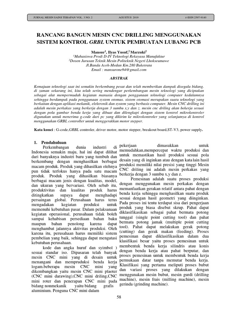 Rancang Bangun Mesin CNC Drilling Menggunakan Sistem Kontrol GRBL Untuk