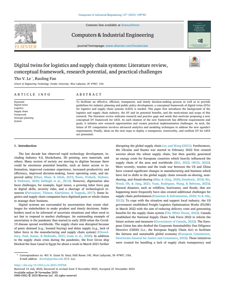 Paper 1 - Digital Twins | PDF | Supply Chain | Logistics