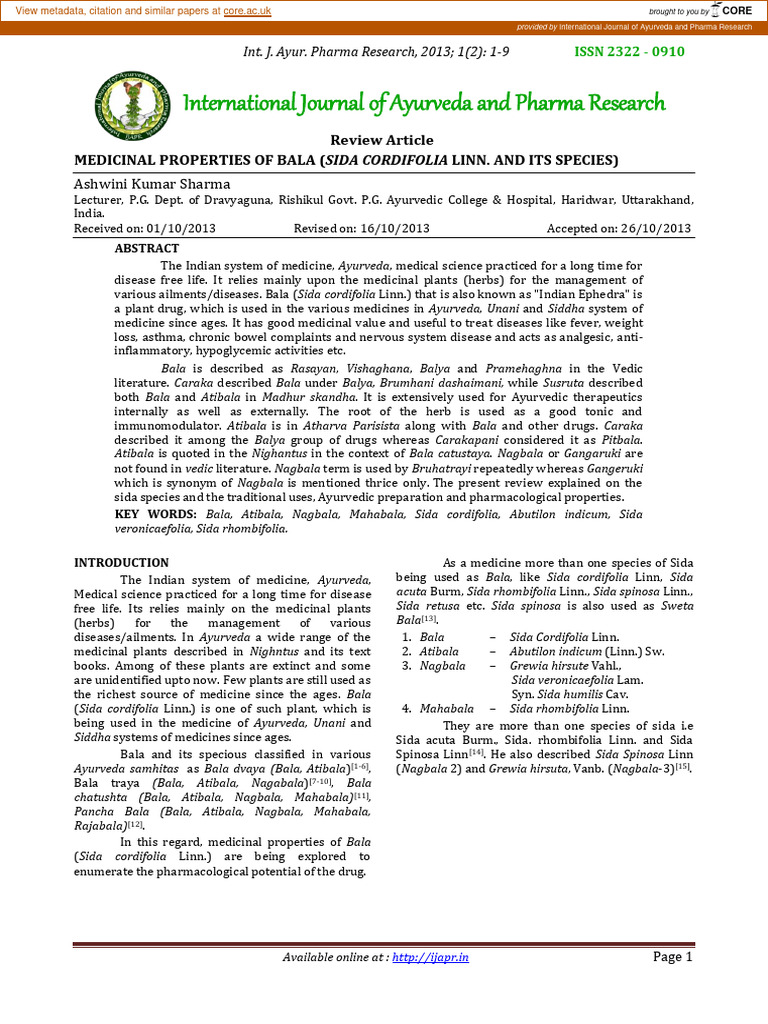 Medicinal Properties of Bala Download Free PDF Ayurveda Leaf