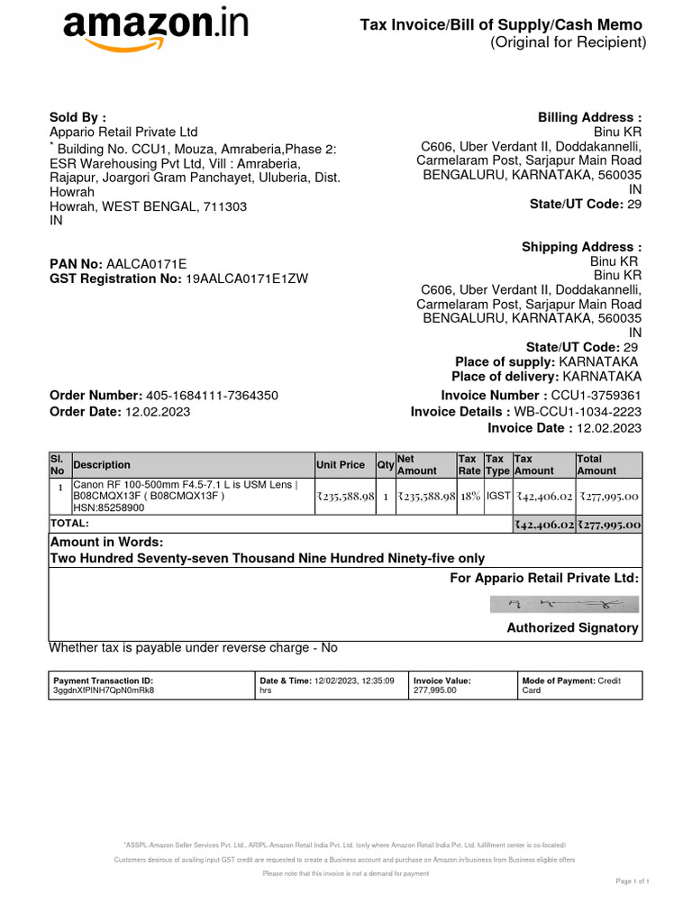 Tax Invoice for Canon Lens Purchase | PDF | Invoice | Taxes