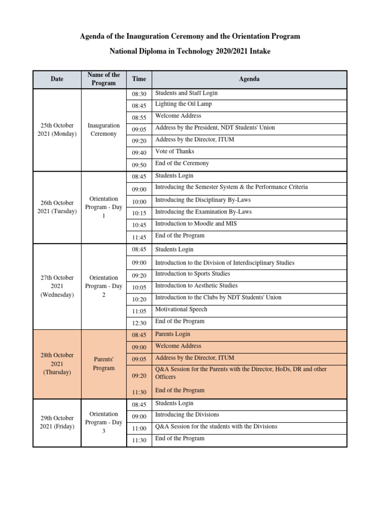 Agenda of The Inauguration Ceremony and The Orientation Program - NDT ...