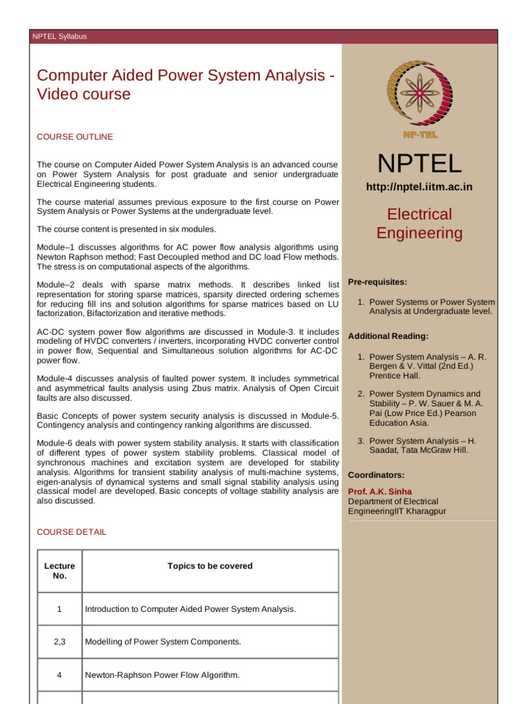Nptel Computer Aided Power System Analysis Video Course PDF
