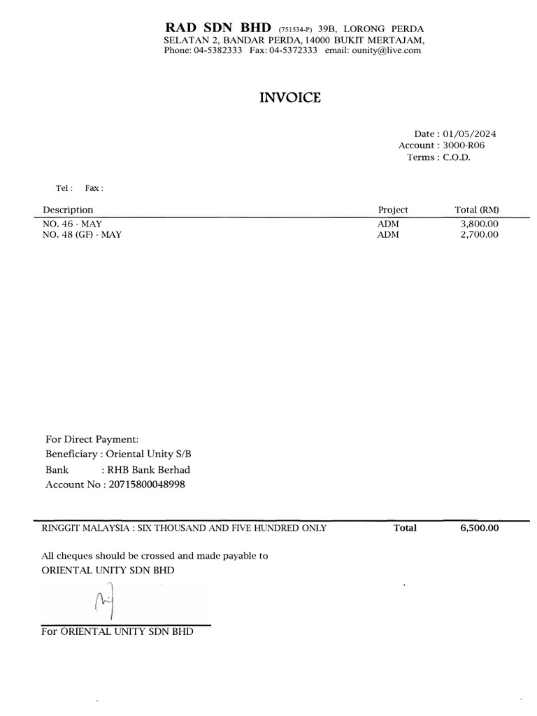 Invoice for Oriental Unity S/B Payment | PDF