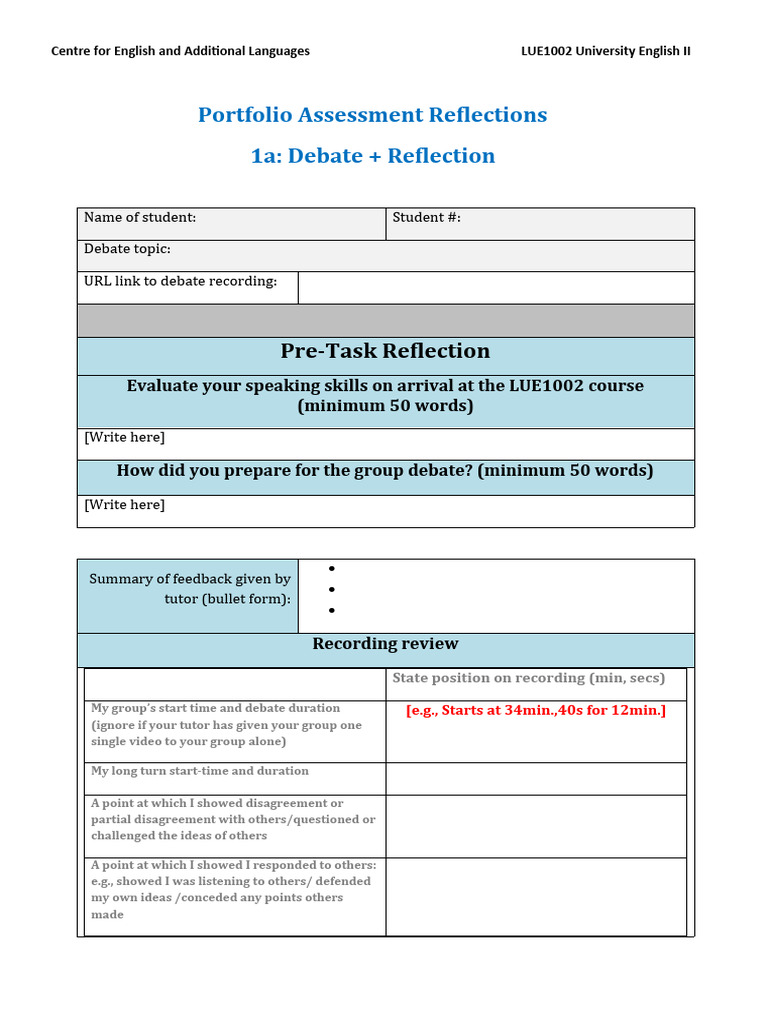 Written Reflection Template (LUE1002) Download Free PDF English