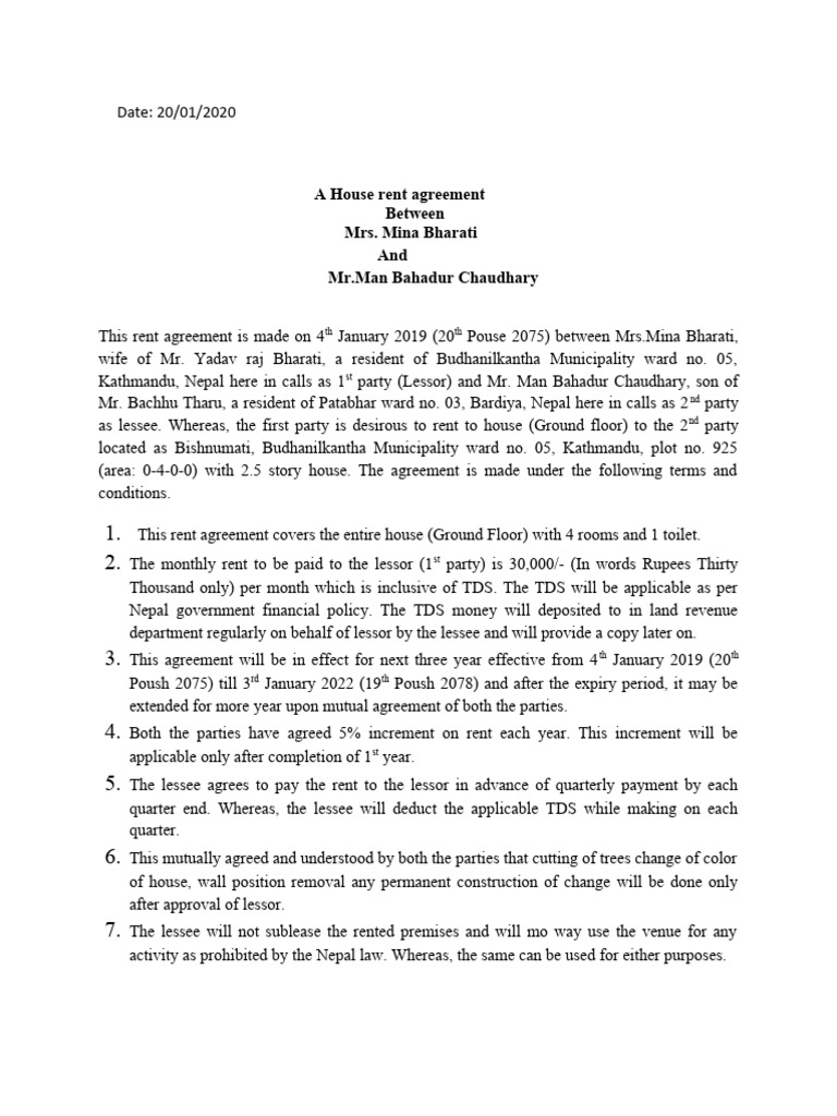 House Rent Agreement in Nepal | PDF | Lease | Civil Law (Legal System)