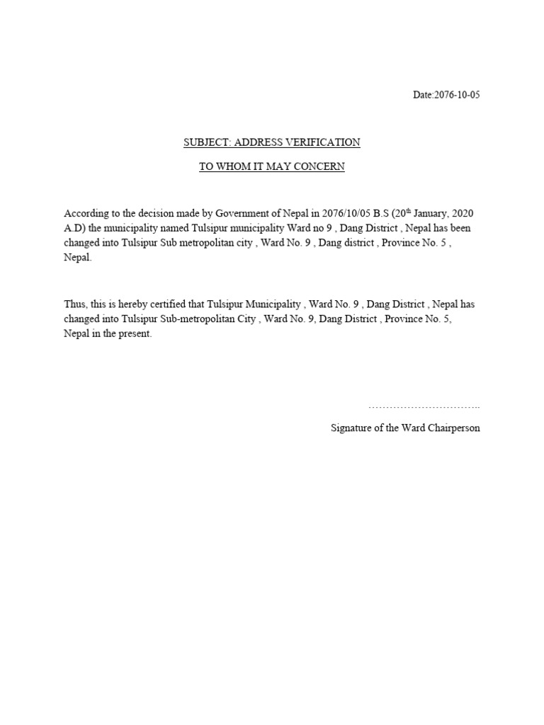 Tulsipur Ward No. 9 Address Verification | PDF