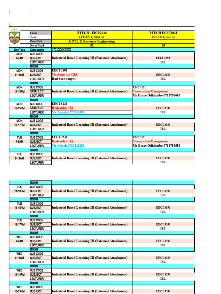 BTECH Civil Engineering Timetable 2024 | PDF | Science | Engineering