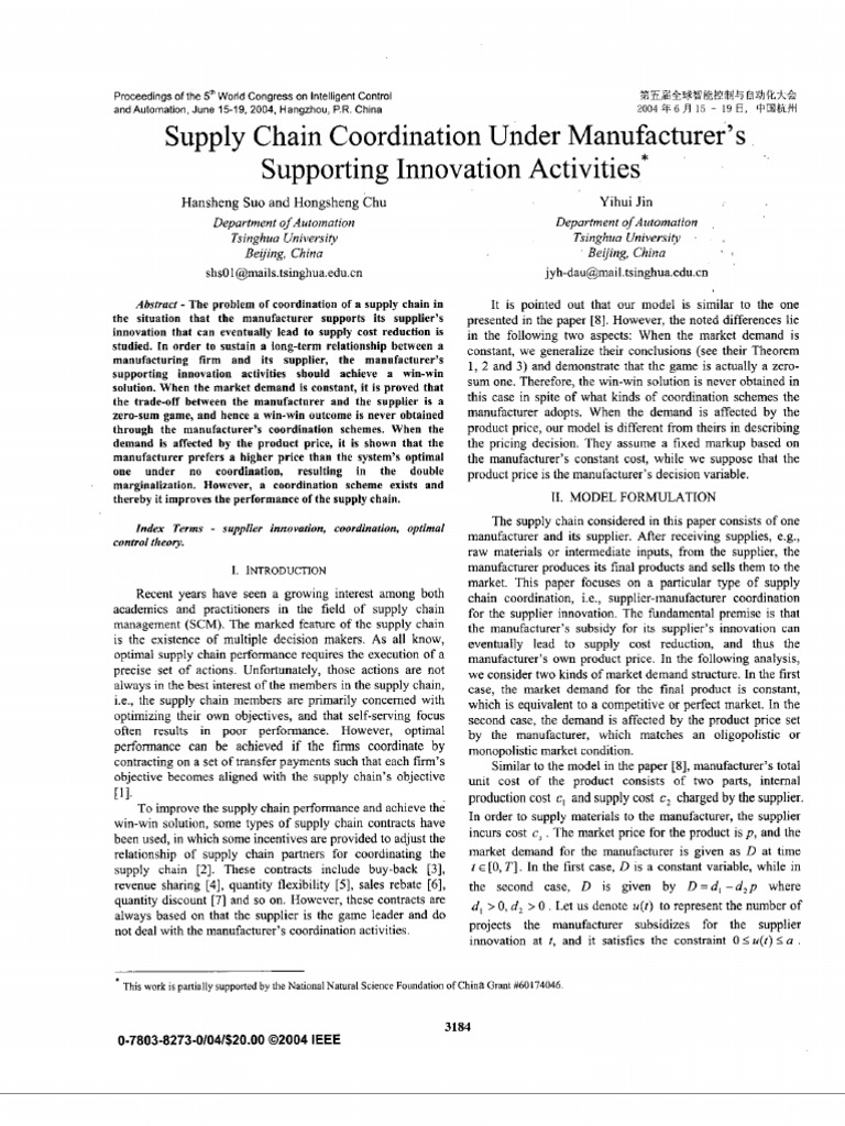 Supply Chain Coordination and Innovation | PDF | Supply Chain | Profit ...