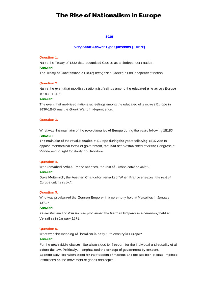 Notes Of Chapter Nationalism In Europe Class 10