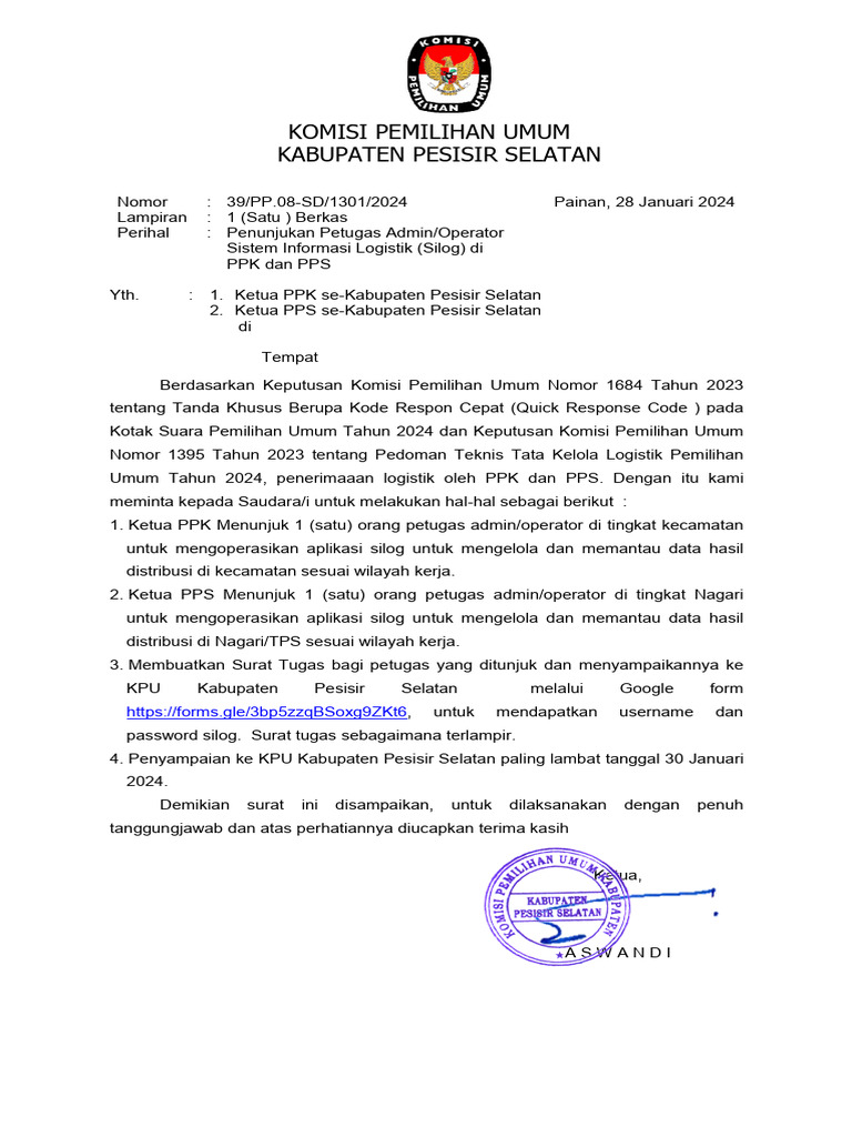 Surat permintaan operator silog di ppk dan pps pdf