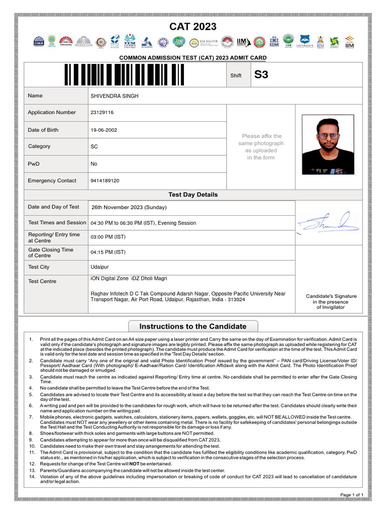 CAT 2023 Admit Card Instructions | PDF | Identity Document | Government ...