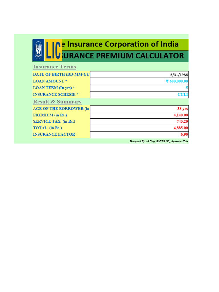 GCLI Insurance Premium Calculation | PDF | Loans | Insurance