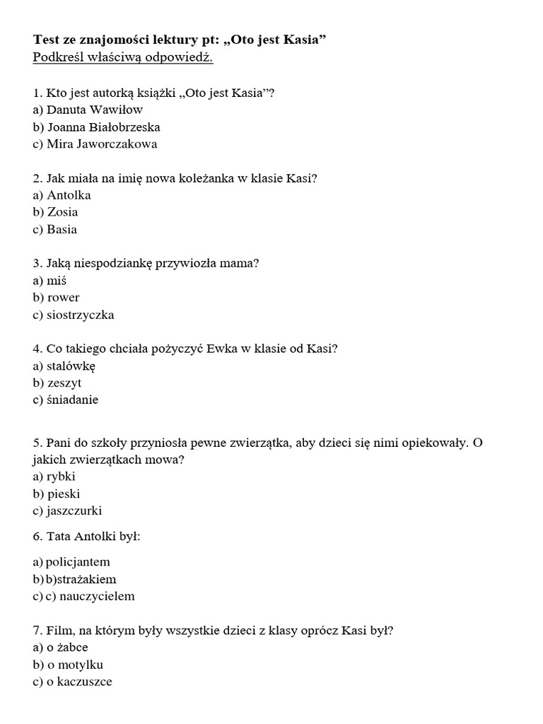 Test Ze Znajomości Lektury Pamiętnik Felka Parerasa Test ze znajomości lektury pt | PDF