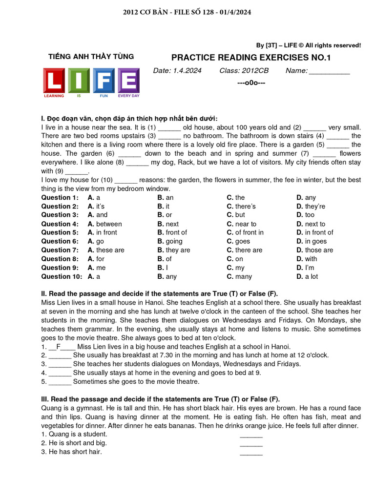 Practice Reading Exercises No.1 2012CB | PDF | Lunch | Cuisine