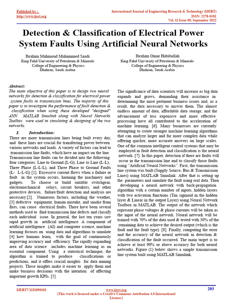 Detection Classification of Electrical Power System Faults Using ...