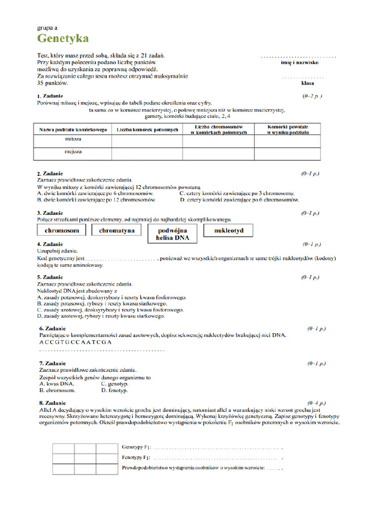 Kartkówka Z Biologii Klasa 8 Genetyka Genetyka test klasa 8 | PDF