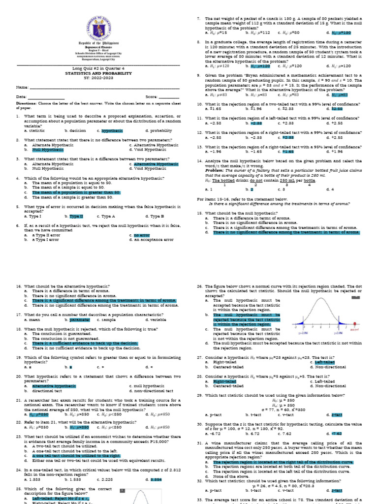 Hypothesis Testing Quiz for Students | PDF | Statistical Hypothesis ...