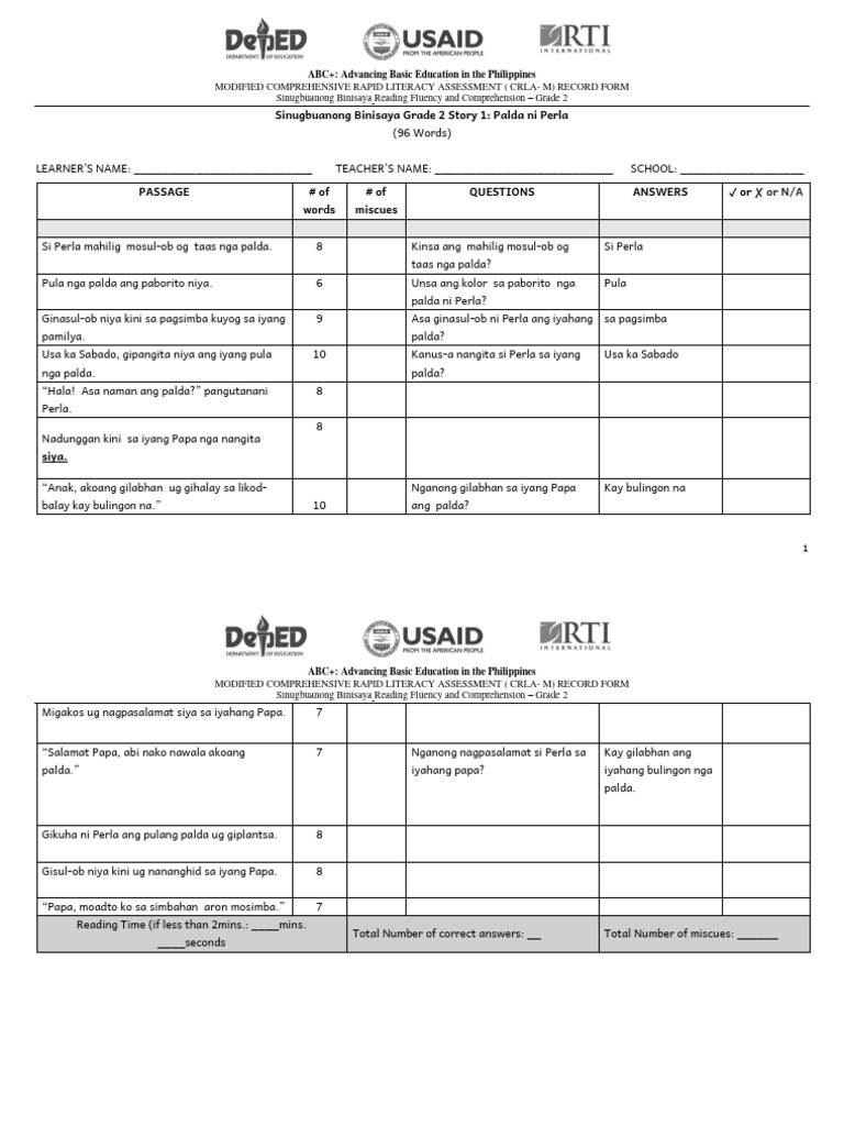 MCRLA G2 RECORD FORM Sinugbuanong Binisaya v2 | PDF