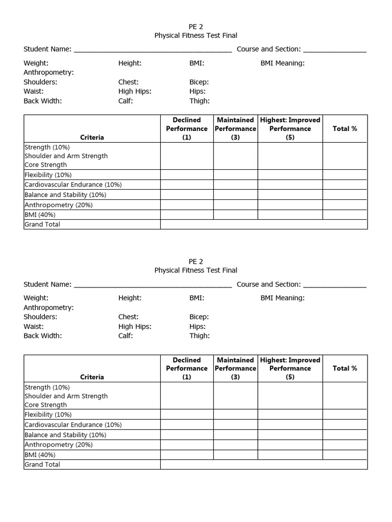 Physical Fitness Test Evaluation Form | PDF | Science & Mathematics