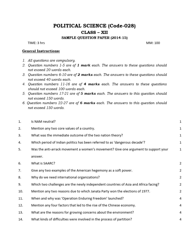 Pol Sci SQP CL Xii - 2014-15 | PDF | New World Order (Politics ...