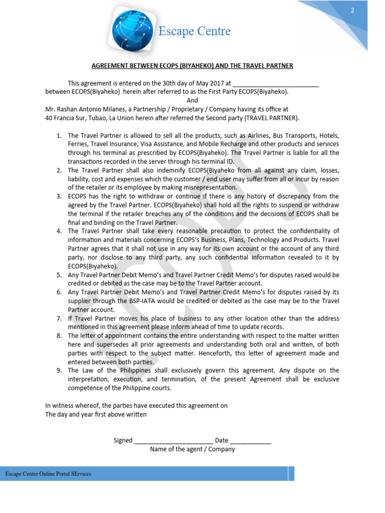 Travel Partner Agreement with ECOPS | PDF | Legal Liability | Business
