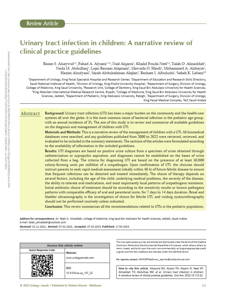 Urinary Tract Infection in Children - A Narrative Review of Clinical ...