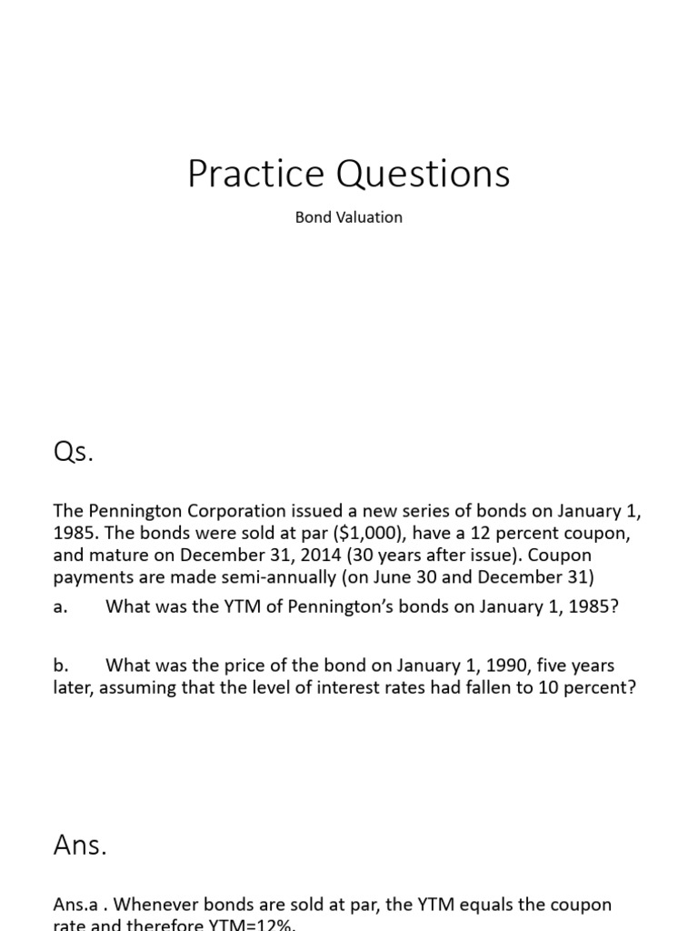 Bond Valuation Practice Questions Pdf Finance Money Management
