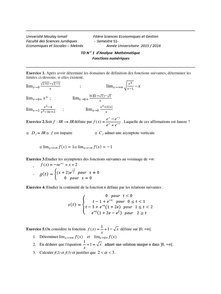 TD 1 d'Analyse Mathématique | PDF | Mathématiques | Analyse mathématique