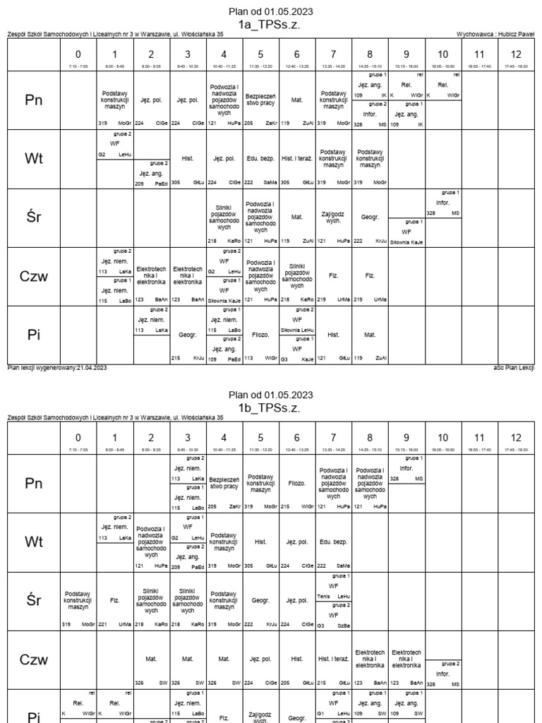 Plan 01 05 2023 Klasy | PDF