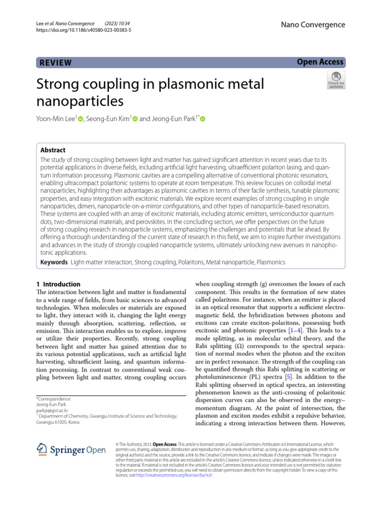 Strong Coupling in Plasmonic Metal Nanoparticles: Review Open Access ...
