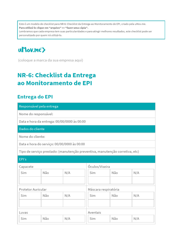 NR-6 - Checklist Da Entrega Ao Monitoramento Da EPI - Kit Segurança Do ...