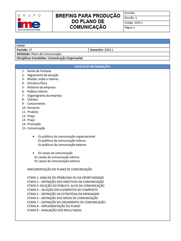 Briefing Para Produção Do Plano De Comunicação Atualizado Pdf
