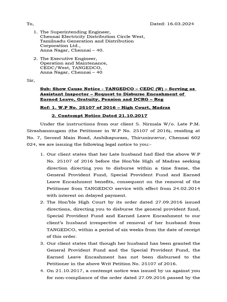 TANGEDCO Show Cause Notice for Benefits | PDF | Contempt Of Court ...