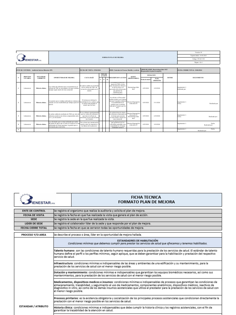 Formato Plan de Mejora ANNARLAB | Descargar gratis PDF | Cuidado de la ...