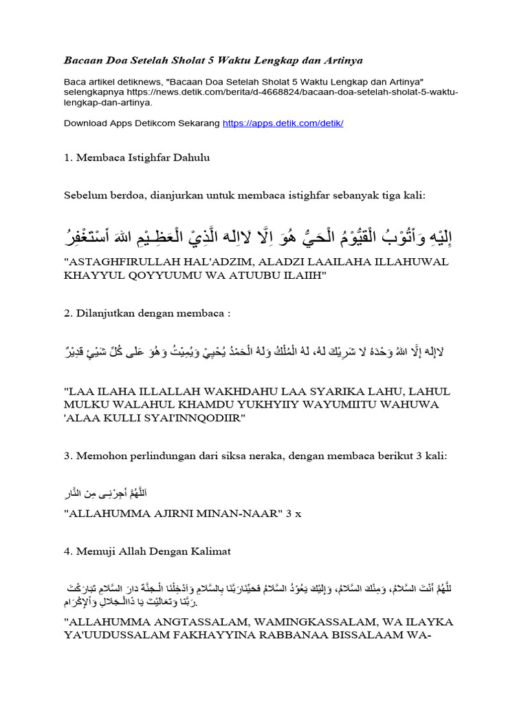 Bacaan Doa Setelah Sholat 5 Waktu Lengkap Dan Artinya Pdf