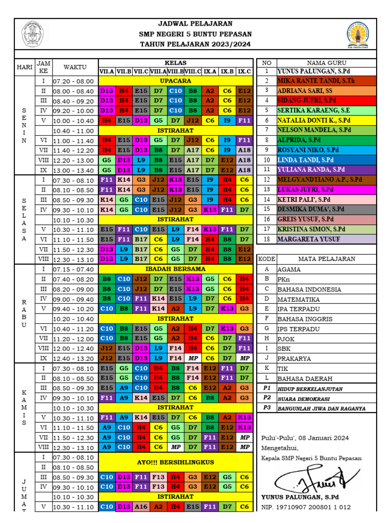 Jadwal Pelajaran Baru Semester Genap 2024 | PDF