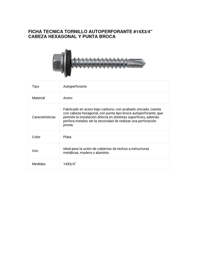 Medidas Tornillo Autoperforante 14x3/4