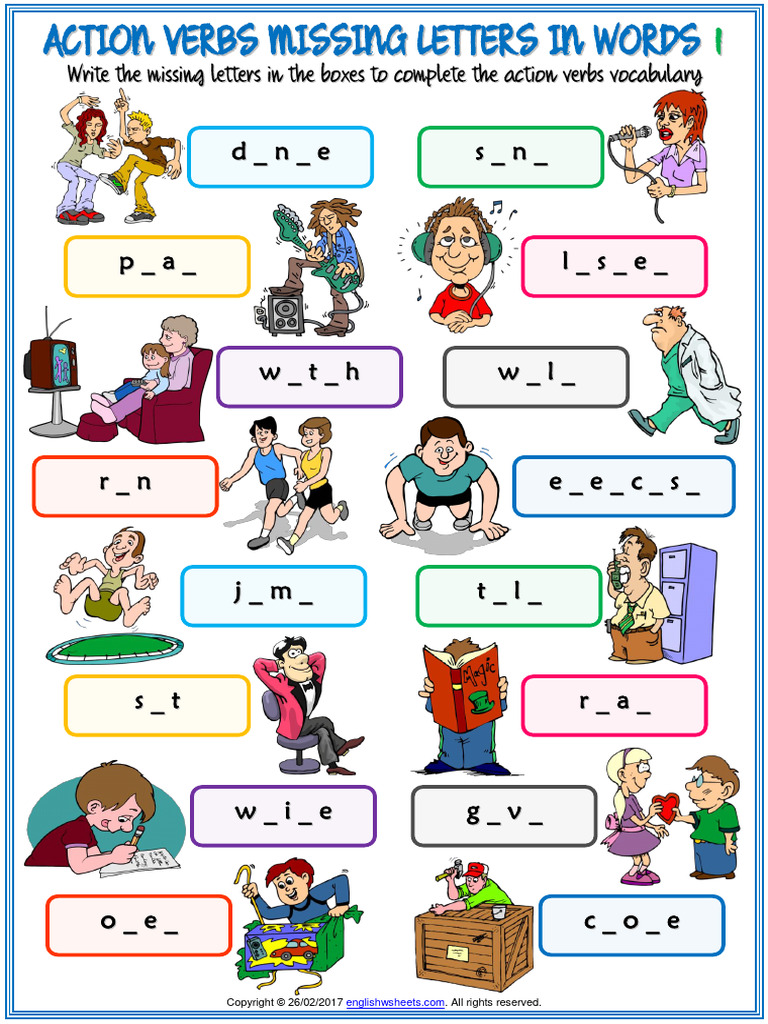 Action Verbs Vocabulary Esl Missing Letters in Words Worksheets For ...