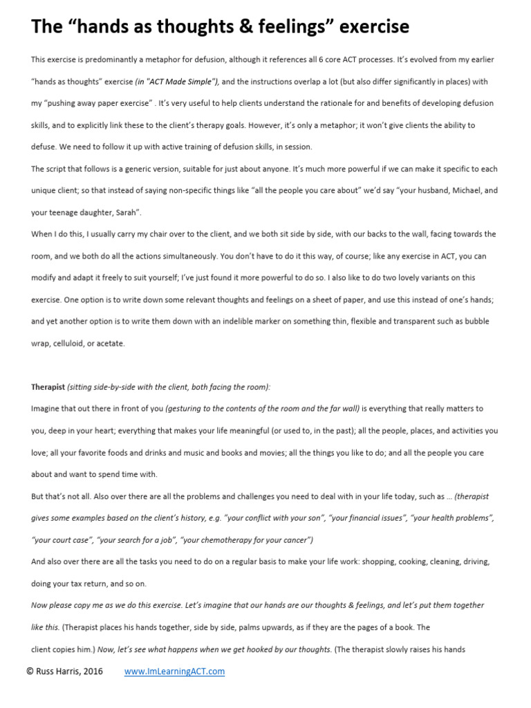 Hands As Thoughts and Feelings Exercise - 2017 Version | PDF