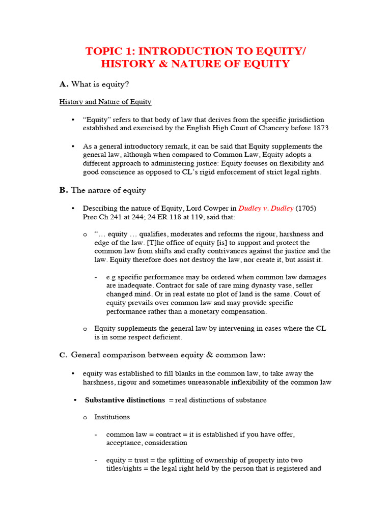 Equity Notes | PDF | Equity (Law) | Common Law