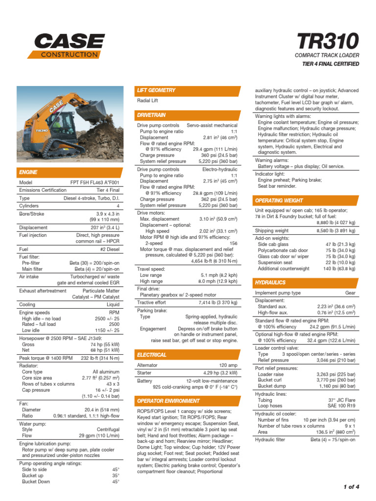 Case TR310 Skid Steer Specifications | PDF | Horsepower | Engines