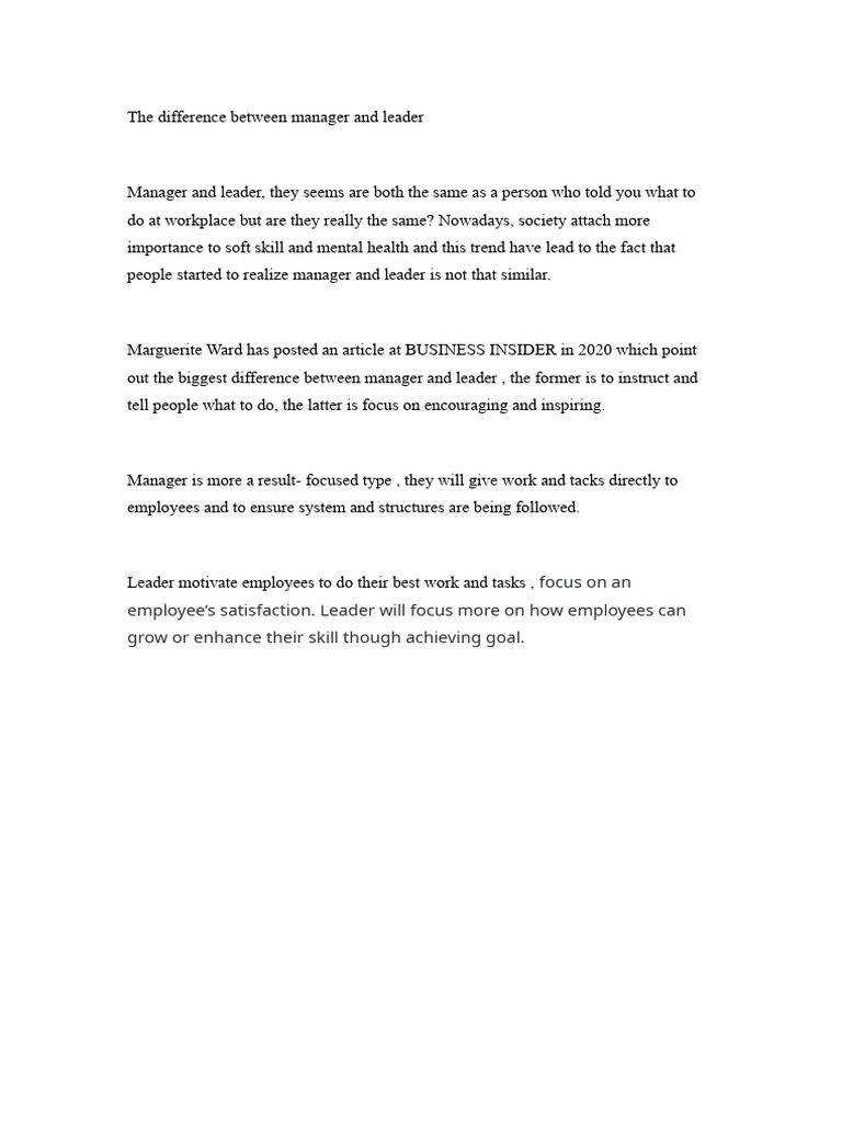 The Difference Between Manager and Leader | PDF | Career & Growth