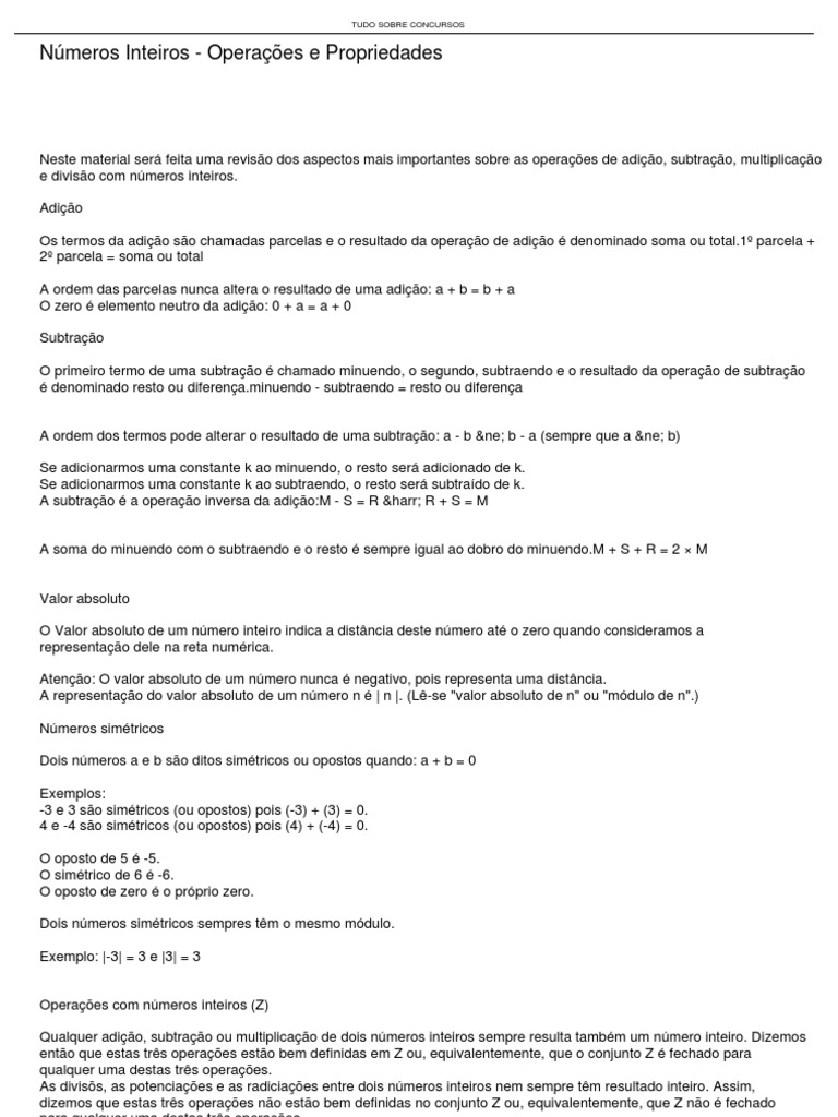 Operações e Propriedades dos Números Inteiros | PDF | Divisão ...