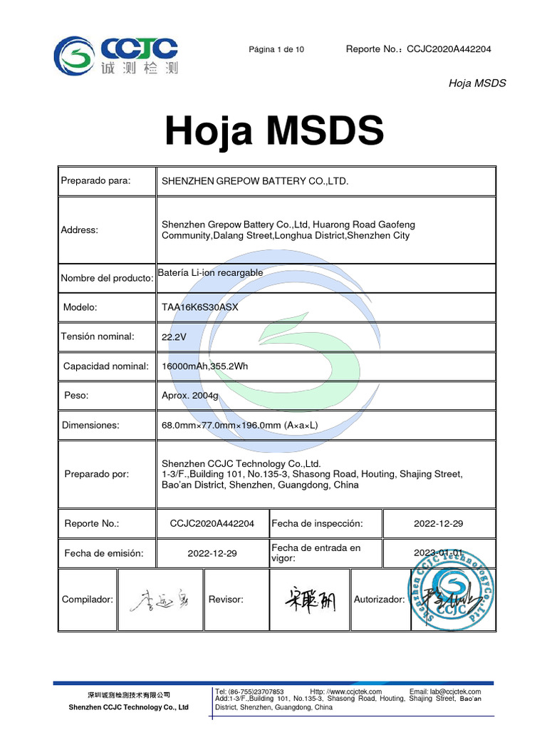 MSDS Batería Li-ion TAA16K6S30ASX | PDF | Agua | Dióxido de carbono
