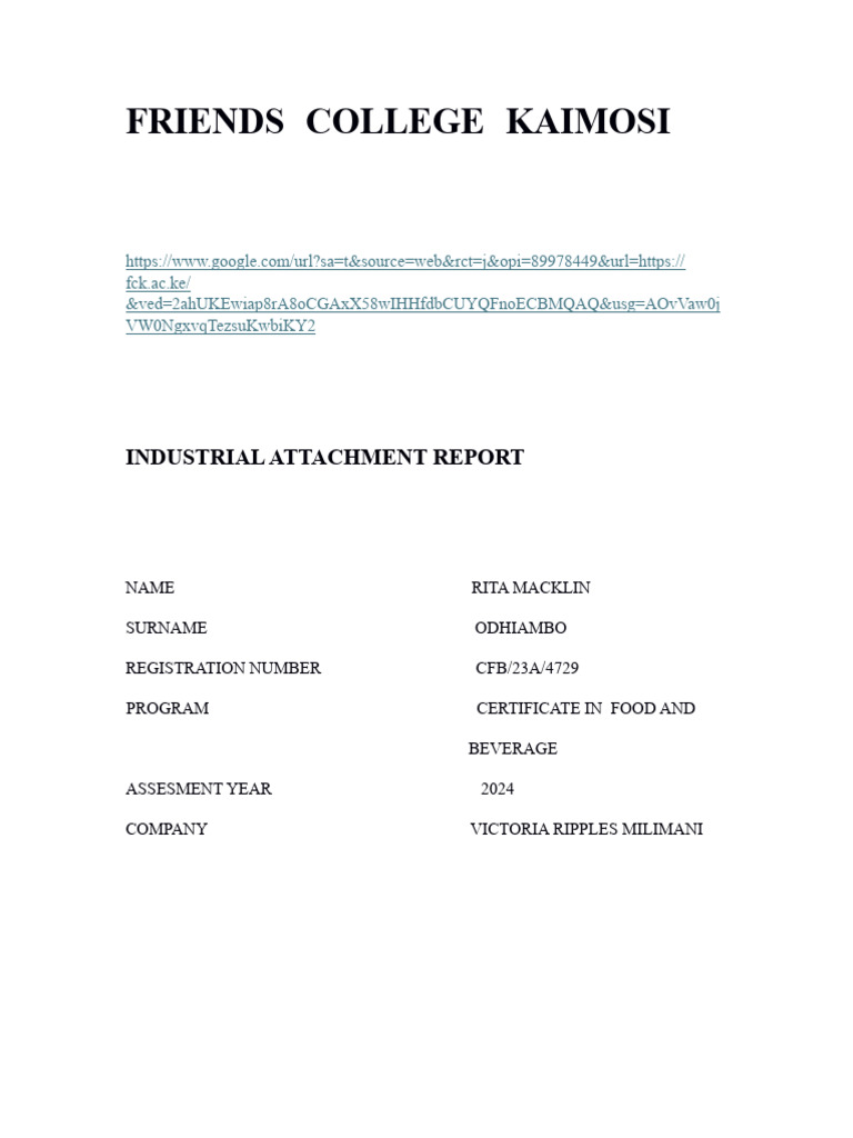 Industrial Attachment Report: Food & Beverage | PDF | Restaurants | Hotel