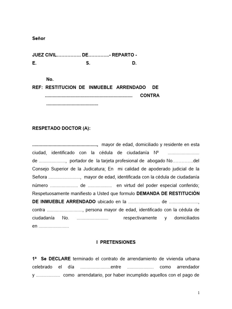 Demanda de Restitución de Inmueble Arrendado | PDF | Demanda judicial ...