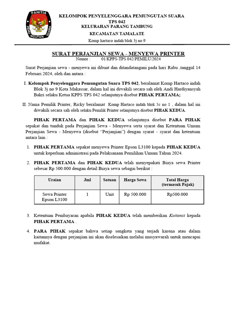 Perjanjian Sewa Printer TPS 042 | PDF
