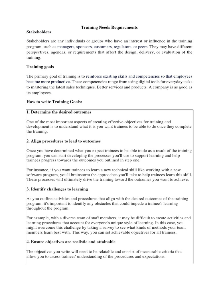 Establish Training Needs Requirements. | PDF | Learning | Learning Styles