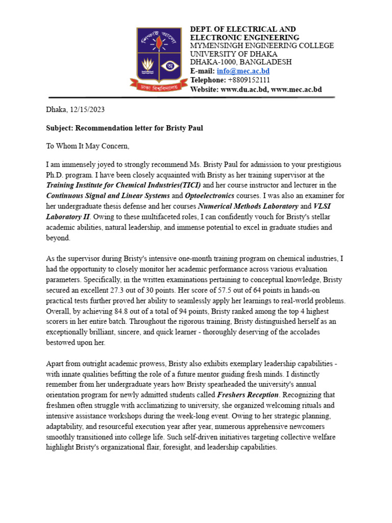 Recommendation for Bristy Paul | PDF | Leadership | Learning