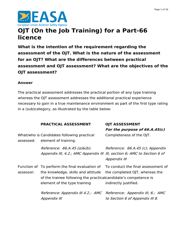Easa Ojt On The Job Training For A Part66 Licence Pdf Evaluation